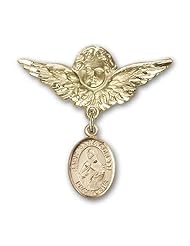 14K Gold Baby Badge with St. Maria Goretti Charm and Angel with Wings Badge Pin