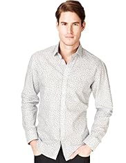 2" Longer Blue Harbour Pure Cotton Fine Leaf Print Shirt