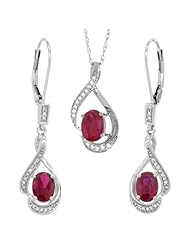 14K White Gold Natural Ruby Lever Back Earrings & Pendant Set Diamond Accent