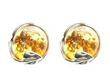 Sterling Silver earrings, Large Amber style button studs, with silver leaf detail. New. Boxed
