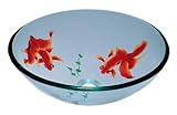 AQ BD-8224-SNK Glass Sink Vessel Round, 19mm Tempered Glass, Clear with Gold Fish, 16.5-Inch Diame