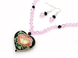 Cloisonne Enameled Black Heart with Red Rose on Pink Beaded Adjustable Necklace with Matching Earring Set