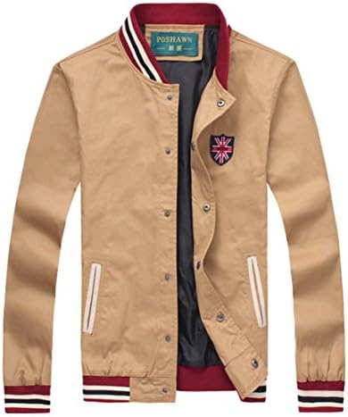 YY-NS Men's Casual Button Closure Stripe Stand Collar Shirt Jacket 4XL Khaki