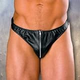 Men's Unique Leather Thong with Zipper Lycra Back One Size