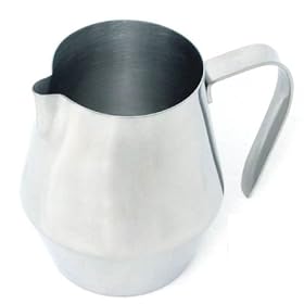 Click here to buy 10 oz. Tapered Espresso Milk Steaming Pitcher by RSVP.