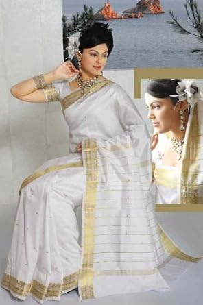 White Art Silk Saree Sari fabric India Golden Border