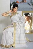 White Art Silk Saree Sari fabric India Golden Border