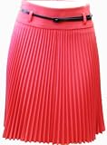 FV3543 Knee Length Pleated A-Line Skirt with Skinny Belt – Red / S