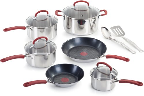 T-fal C784SC64 Stainless Steel with Thermo-Spot Heat Indicator Dishwasher Safe 12-Piece Cookware Set, Silver 