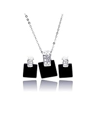 Nickel Free Sterling Silver Pendant & Earring Sets Square Black Onyx CZ Set
