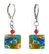 Earrings - E427 - Millefiore Squares ~ Clear with Aqua, Green, Orange and Blue obalt Blue with Multi Flowers