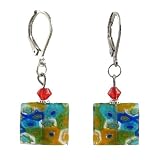 Earrings - E427 - Millefiore Squares ~ Clear with Aqua, Green, Orange and Blue obalt Blue with Multi Flowers
