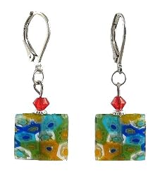 Earrings - E427 - Millefiore Squares ~ Clear with Aqua, Green, Orange and Blue obalt Blue with Multi Flowers
