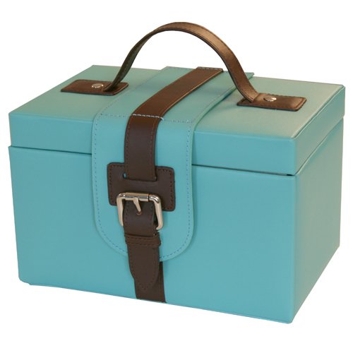 Paylak TS370BLUE Blue Leather Expresso Trim Buckle Jewelry Box with Matching Travel Case Tech Swiss