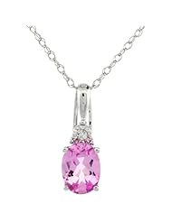 10k White Gold 18 in. Thin Chain & 11/16 in. (17mm) tall Stone Pendant, w/ Illusion Set Brilliant Cut Diamond & Oval Cut (8x6mm) Lab Created Pink Sapphire Stone