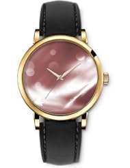 SPRAWL Aanalog Fashion Series Gold Ladies Watches of Genuine Black Leather Strap,Unique Wrist Watch for Women Girls Designed with Circles background brown and white spots