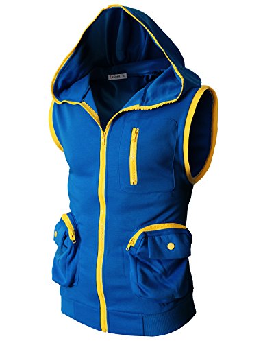 H2H Mens Active Sleeveless Zip-up Color Blocks Sport Hoodie With Pockets