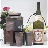 焼酎サーバー2000cc備前金彩 （専用木台付き）ペアグラス 陶芸作家　安藤嘉規作伝統の萬古焼き（（井上酒造　熟成麦焼酎　夢のひととき　25度　1800ｍｌ ）