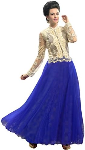 Suchi Women's Embroidered Blue and Cream Net Semi Stitched Party Wear Gown