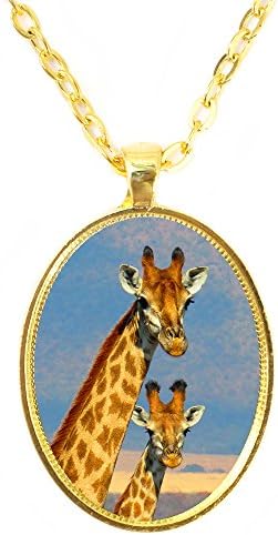 Giraffe Mother &amp; Baby Animal Aura Bright Gold Pendant with Chain Necklace