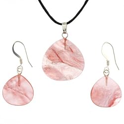 Cherry Quartz Briolette Drop Pendant and Earrings Set - Pendant (22mm), Earrings (15mm) - Adjustable Cord Necklace