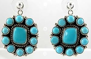 Southwestern Native American Turquoise and Sterling Silver Santa Fe Style Cluster Dangle Earrings by Navajo Artist Skeets, #10837