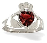 14K White Gold Genuine Heart Garnet and Diamond Celtic Claddagh Ring
