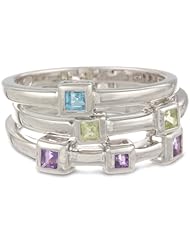 Sterling Silver Multi-Gemstone 3 Piece Stack Ring, Size 7