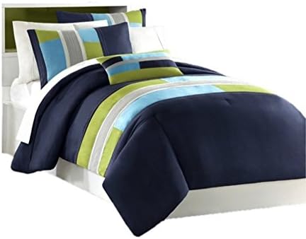 Full / Queen Size Comforter 4 Piece Contemporary Bedding Set Blue Green Grey Stripes Color Block Panels Super Warm Winter Bedspread Pillow and Two Shams
