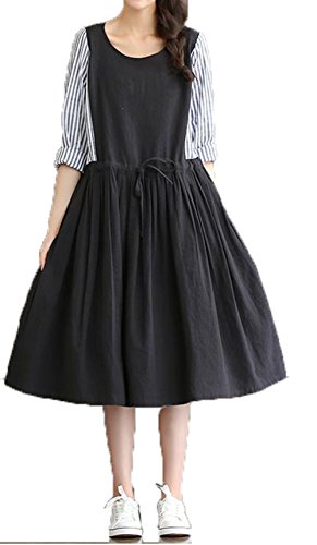 (ドチィン)DaoCheng レディース 秋 丸ネック 長袖 ひざ丈 無地 麻 ワンピース ゆったり カジュアル トレロ ゴムウエスト スリム 着痩せ シャツ風袖 フレアブラウス A字 ワンピース 森ガール ワンピース チュニック 通勤 デート ブラック