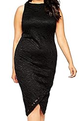 Plus Size Sleeveless High-Neck Polyester/Spandex Lace Spring Summer Winter Bodycon Dress/Midi Dress 