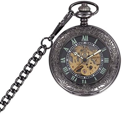 OUANGANC Black Steampunk Pocket Watch Automatic Roman Numerals Half Hunter-Antiqued With Double Chain