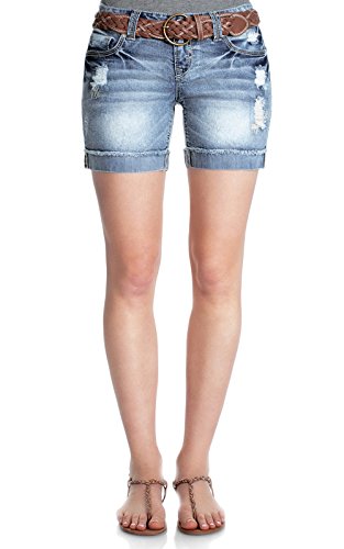 WallFlower Juniors Belted Mid Thigh Destructed Denim Shorts