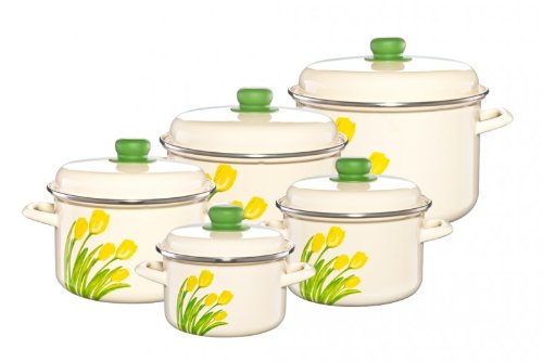 Cookware Pots Set Enamel Coating, Rim with a stainless steel strap, Non Toxic, Hand Decorated, 5 Pieces with lids (yellow tulips on cream)