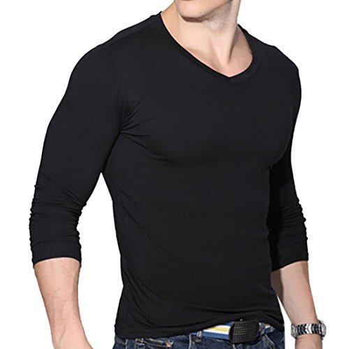 Mens Casual Slim Muscle V Neck Long Sleeve Shits Basic Tops
