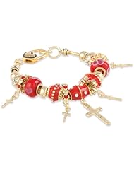 Gold Tone Multi-Cross and Bead Charm Bracelet, 7.5"