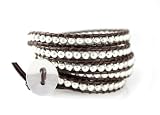 Wrap Bracelet Dakota Silver Beads on Brown Leather, Extra Long Wraps Wrist 5 to 6 Times