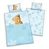Wende- Kinderbettwäsche Carola Teddy & Blumen hellblau Linon 100 x 135 cm