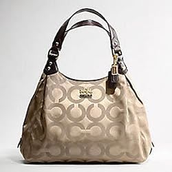 Coach Madison Signature Op Art Large Maggie Sateen Shoulder Hobo Bag Purse Khaki