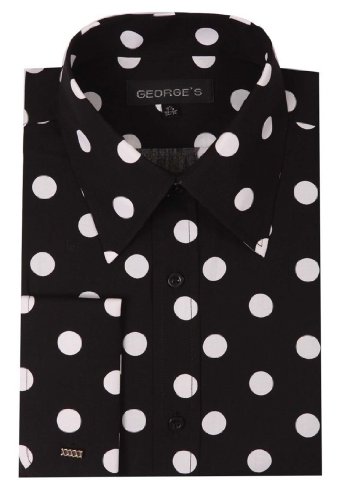 George's Men's 100% Cotton Big Polka Dot Pattern Shirt With French Cuff 16-16 1/2 34-35 Black-White Dot