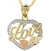 14K Solid Gold Tri-Color Love Heart Leaf Pendant Charm