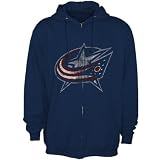 NHL Majestic Columbus Blue Jackets Navy Blue Distressed Logo Full Zip Hoody Sweatshirt (Medium)