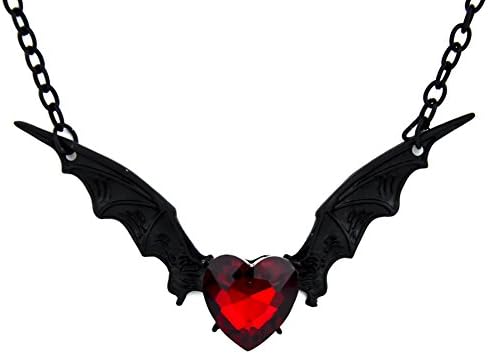 Black Vampire Bat Wing with Red Heart Stone Necklace Gothic Jewelry Pendant