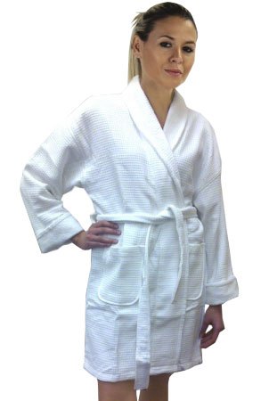 Waffle Hotel Spa Bathrobe with Terry Loop Lining, 100% Cotton, Short, White, One Size