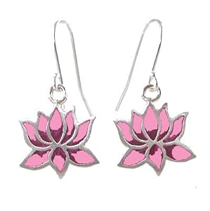 Pretty Pink Lotus Flower Dangle Earrings in Sterling Silver, #8745
