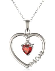 Sterling Silver Diamond Accent Heart with Garnet Heart Center Mom Pendant Necklace, 18"