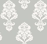 York Wallcoverings Tres Chic BL0398 Graphic Damask Wallpaper, Silver Metallic/White