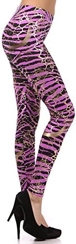 Neon Metallic Animal Zebra Print Leggings w/ Gold Accents Pants (Medium, Neon Purple)