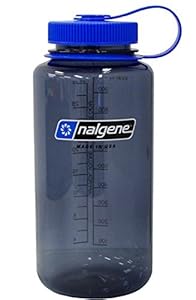 Nalgene BPA Free Tritan Wide Mouth Water Bottle, 1-Quart, Gray with Blue Lid - 2 Count