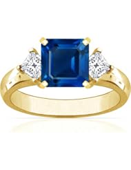 14K Yellow Gold Emerald Cut Blue Sapphire Three Stone Ring
